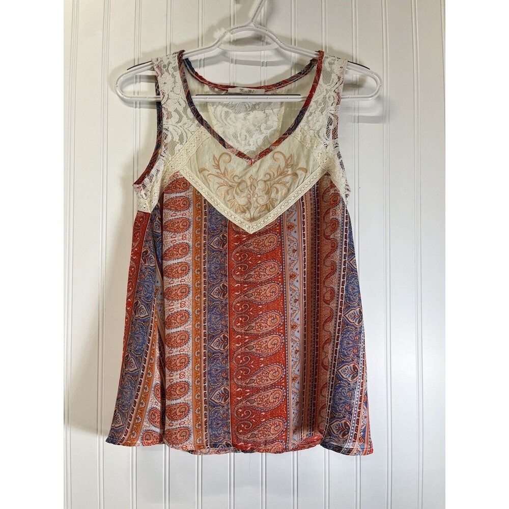 "Miss Me"Lace & Paisley Sleeveless V Back sheer‎ top. Sz XS Red/Blue/Coral